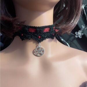 Gothic Black and Red Lace Choker Necklace with Silver Charm